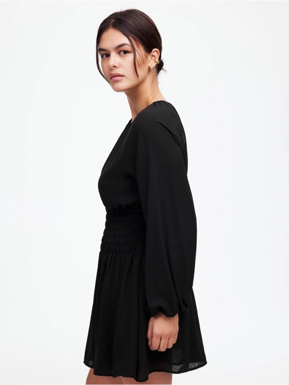 Madewell Bubble-Sleeve Smocked Mini Dress Size XXS Black - Picture 2 of 7
